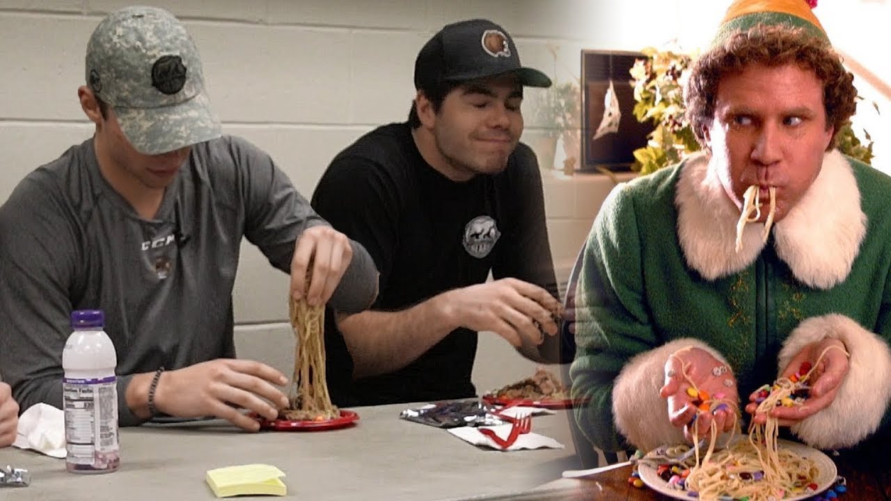 HOCKEY PLAYERS TRY ELF SPAGHETTI (Hershey Bears)