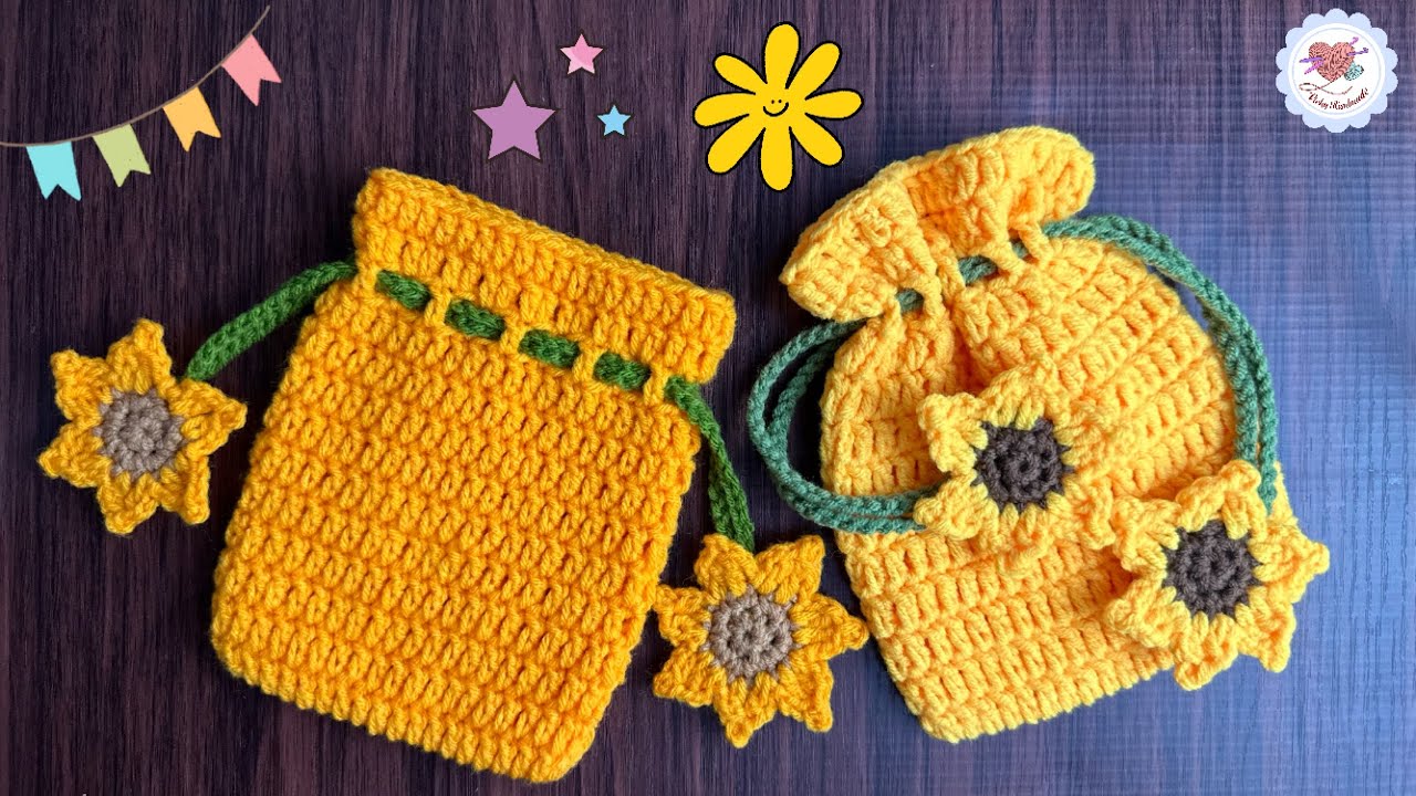 Super Easy ‼️ Crochet  Sunflower Drawstring Pouch Bag  / Crochet Tutorial