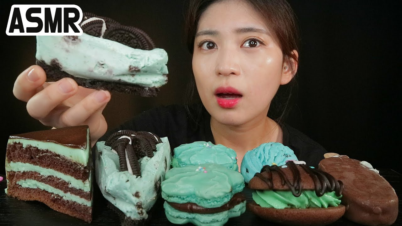 민트케이크 마카롱 디저트ㅣ노토킹 ASMR 리얼 사운드 먹방ㅣMint dessertㅣミントデザートㅣReal Sound NoTalking Mukbang ♥