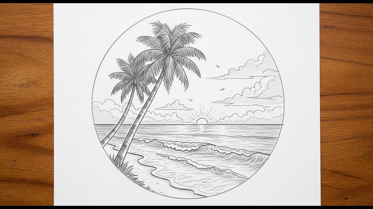 Circle Sunset Beach Pencil Sketch Tutorial | Easy Landscape Drawing Step by Step