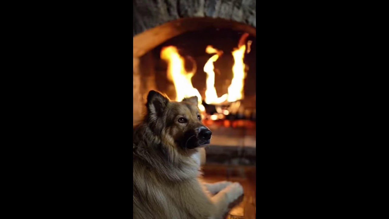 A dog by a fireplace!
