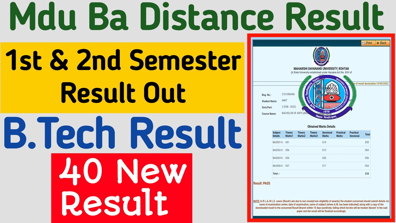 Mdu Ba Distance 1st Semester Result Out 2022 | Mdu Distance 2nd semester Result | Mdu Btech Result