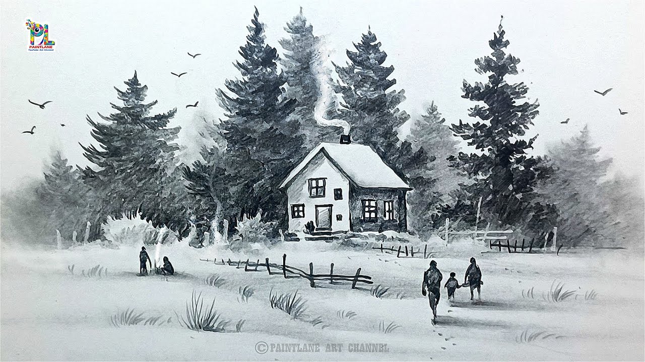 How to draw Wooden House Cabin in Snow Place in Scenery Art