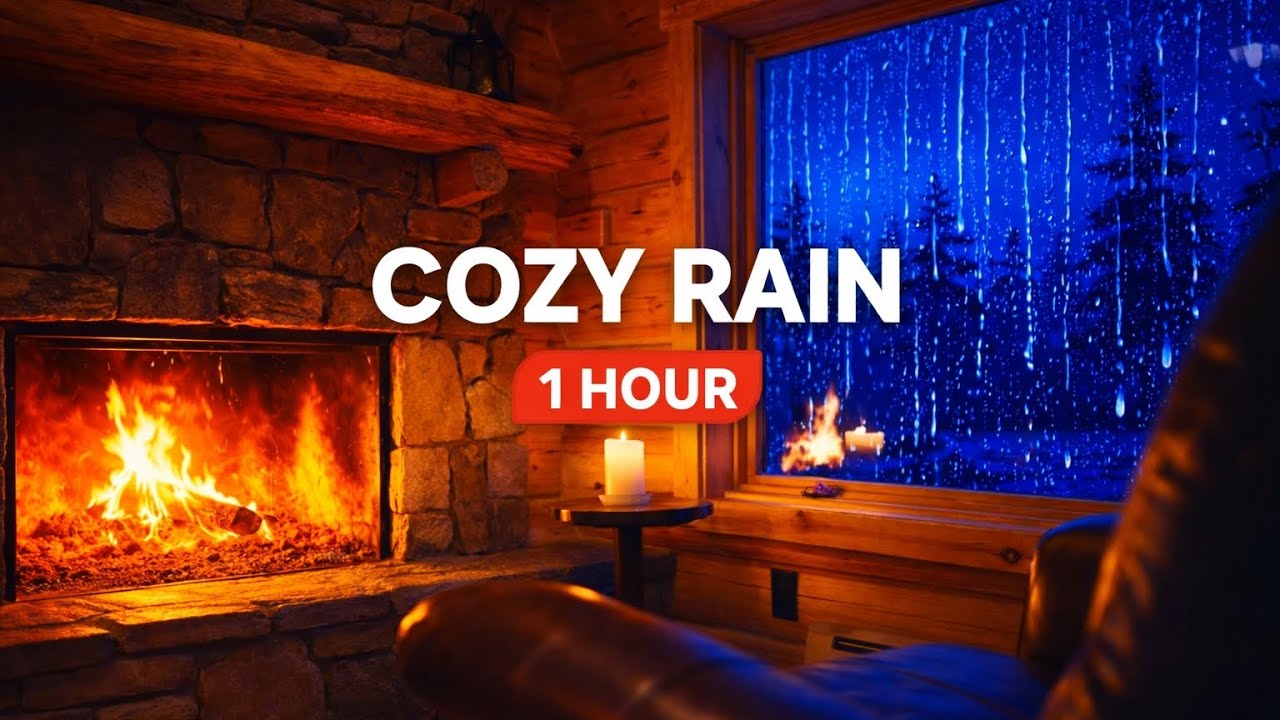 Cozy Cabin Ambience: Heavy Rain & Fireplace Sounds for Deep Sleep | Dark Screen