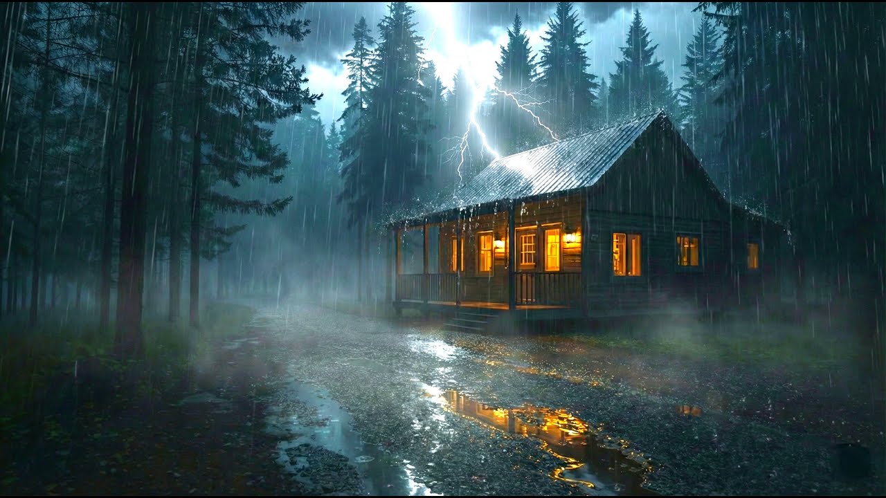 Heavy Rain & Distant Thunder in a Cozy Cabin 🌧️⚡ Deep Sleep Fast | 3 Hours