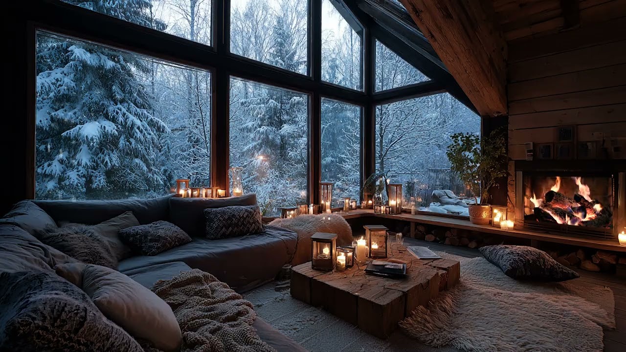 Peaceful Winter Night with Snow Wind Outside and Gentle Fireplace Sounds Indoors