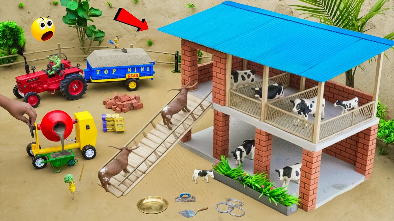 DIY Mini Tractor Builds a Two-Floor Concrete Cow Shed Using Bricks | Science Project | @topminigear