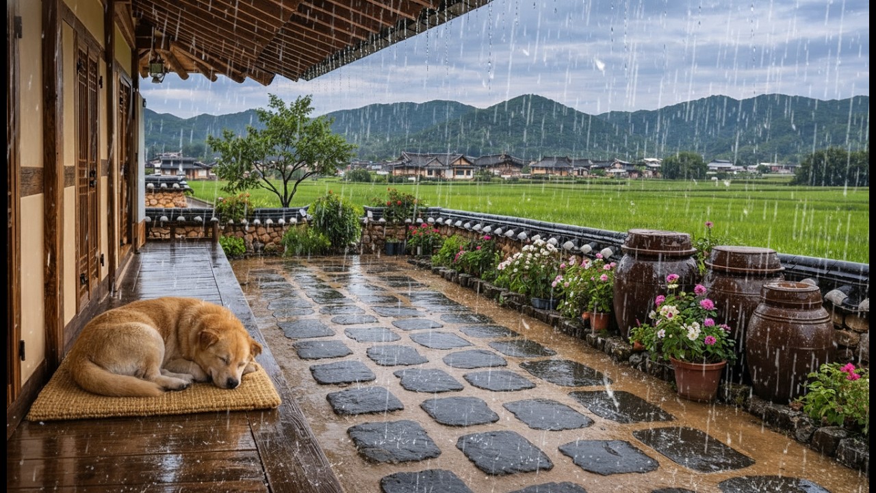 잠이 솔솔 오는 시골 한옥 빗소리 🌧 장독대 마당에서 자는 강아지 | Relaxing Rain Sounds