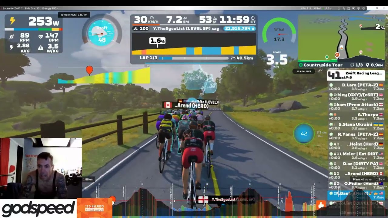 Zwift Racing League: Redline Rally - Open Amber League Division2 5:31 Countryside Tour  3Laps  32 km
