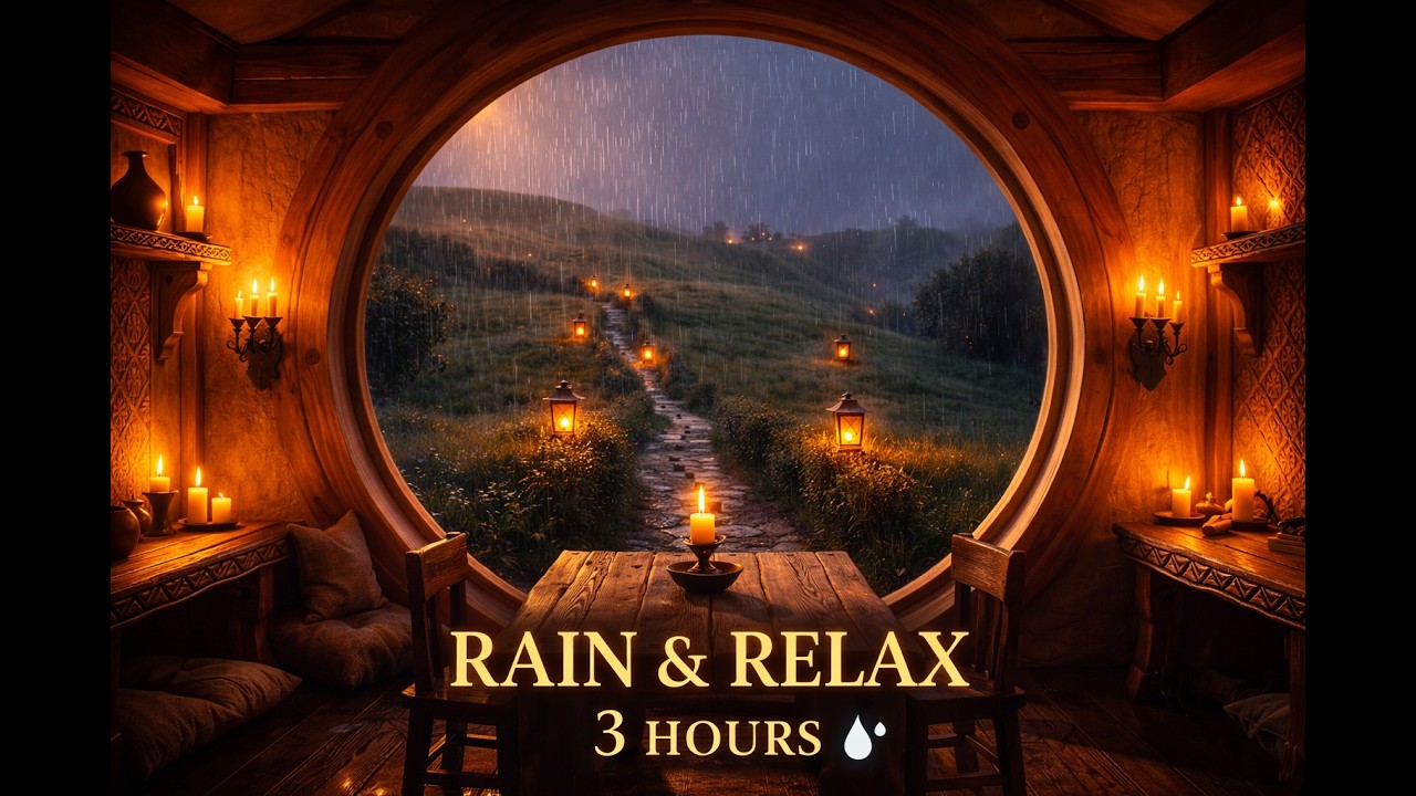 3 Hours of Cozy Fantasy Cottage Rain 🌧️ Round Window View | Ambient Music & Rain Sounds for Sleep