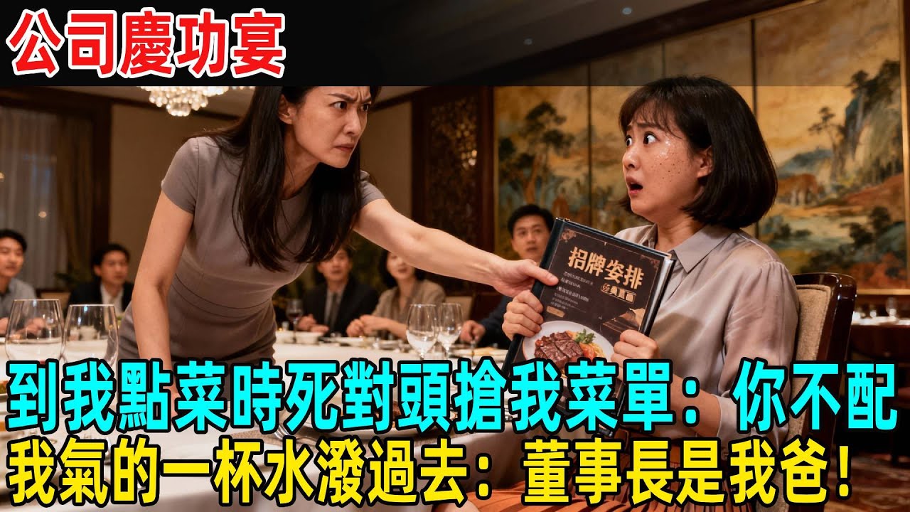 公司聚餐，到我點菜時死對頭故意搶走菜單：你不配，我氣的把一杯水潑過去：董事長是我爸！#故事頻道 #感人壹幕 #分享#老年生活 #人生感悟