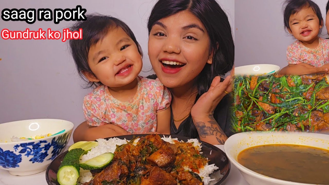 SAAG RA PORK ANI GUNDRUK KO JHOL 😋/SUSHILAMUKBANGVLOG