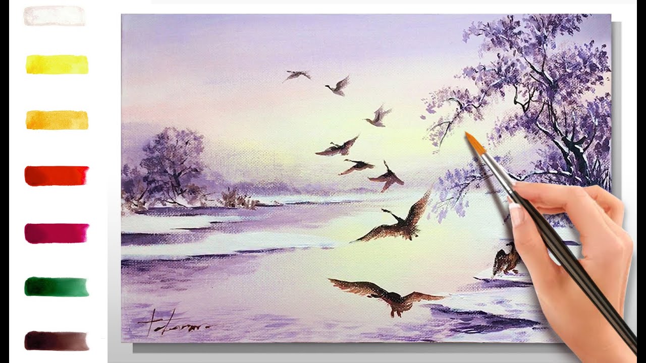 Pale landscape with birds. How to paint 🎨ACRYLIC tutorial DEMO
