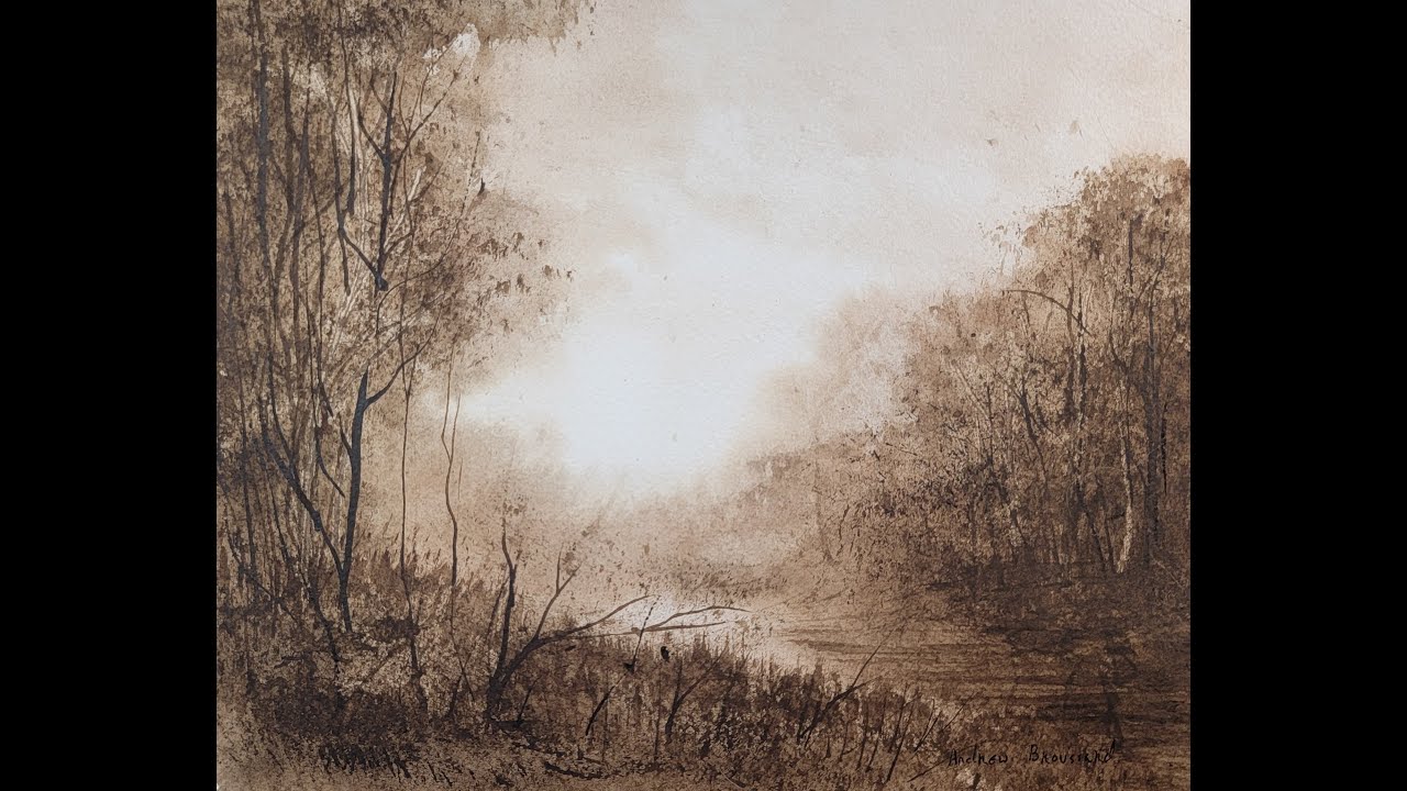 Tonalist Lndscape Watercolor Painting In two colors: Burnt Umber and Raw Umber