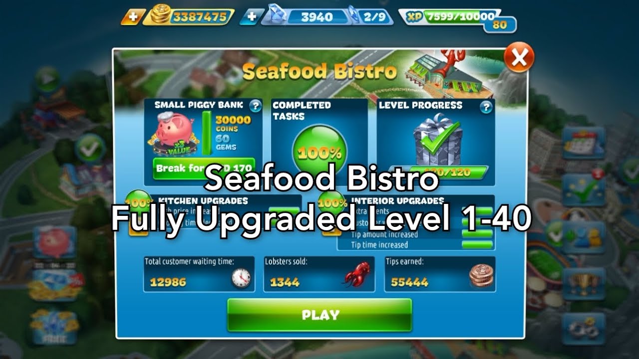 Cooking Fever - Seafood Bistro 1-40 (3 Stars) Fully Upgraded