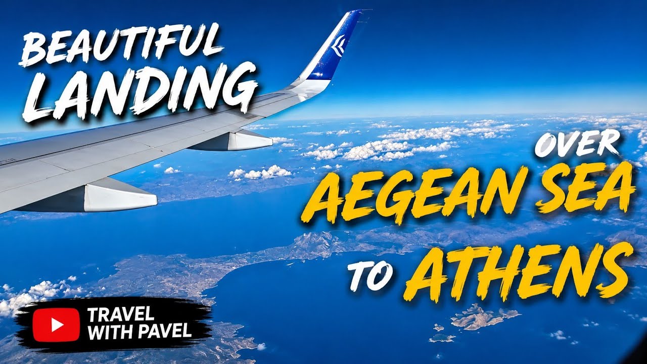 Прекрасная посадка над Эгейским морем в Афинах на борту самолета Aegean A320neo.