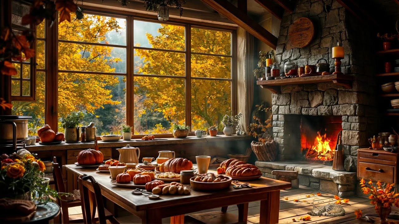 Autumn Harvest in Cozy Cabin Kitchen | Fireplace Sounds & Relaxing Fall Ambience
