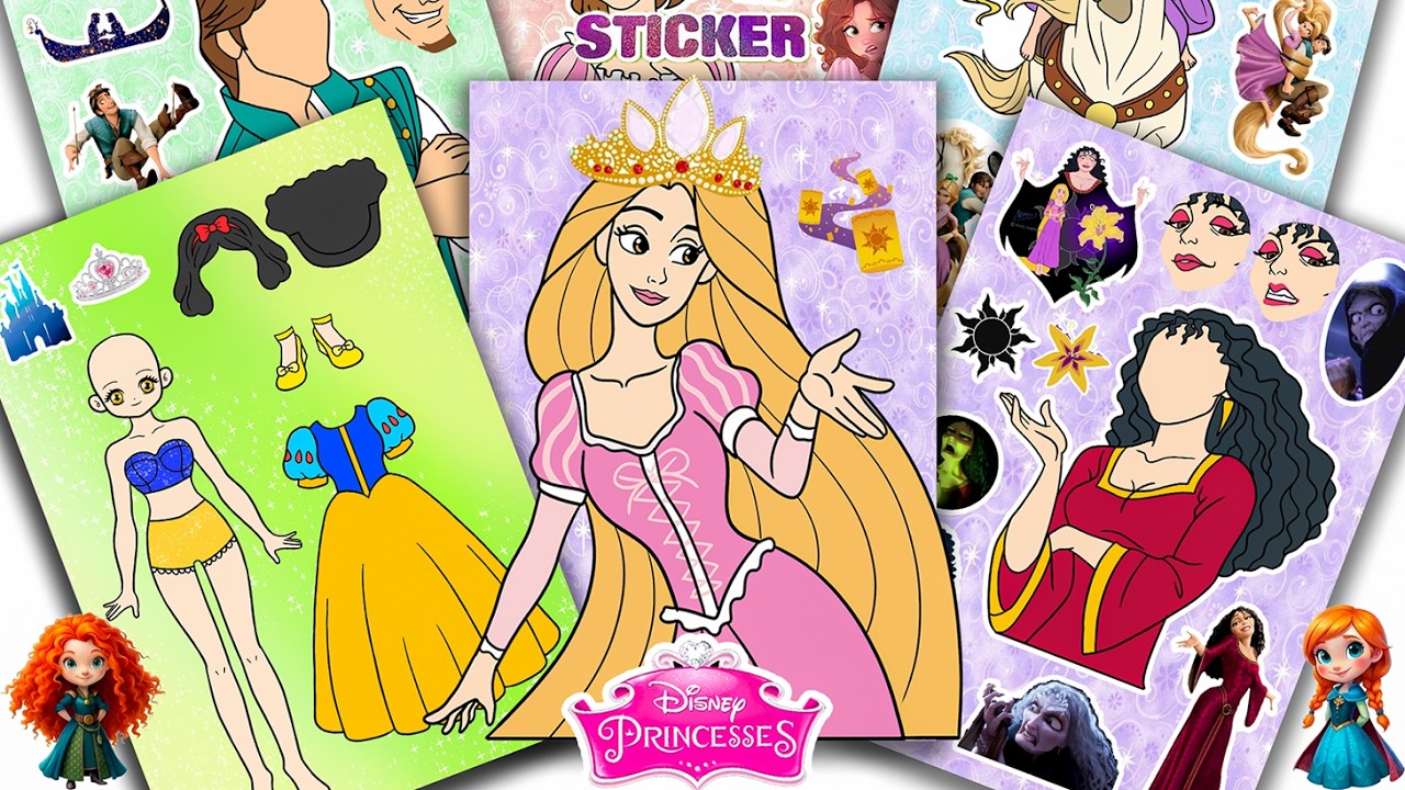 Oddly Satisfying ASMR Sticker Book Disney Princess Tangled & Snow White Sparkle! 💖 Paper DIY #245