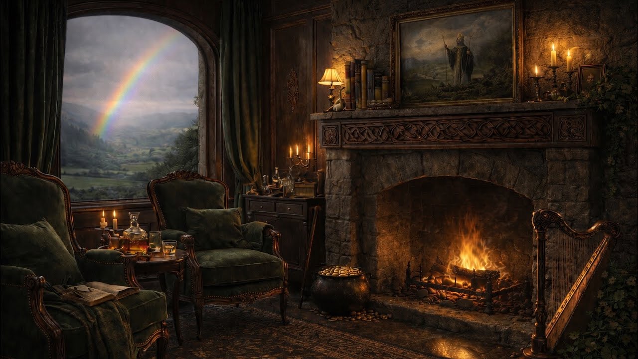 St. Patrick’s Day Ambience in St. Patrick’s Study Room 🍀 Celtic Music, Fireplace & Rainbows