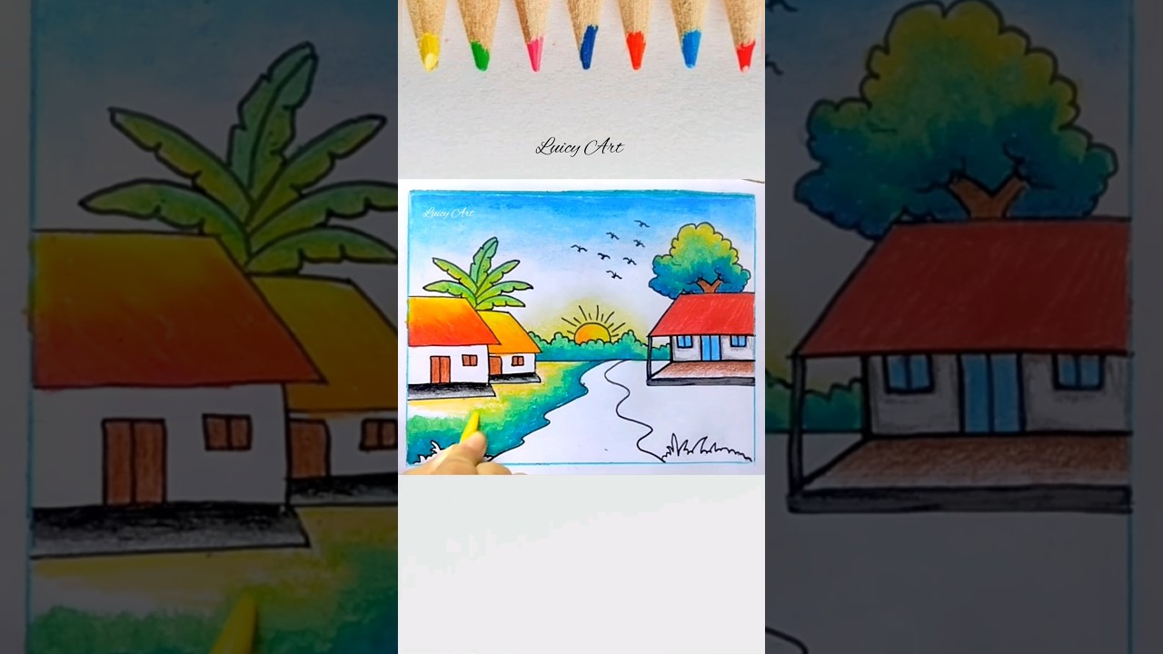 Scenery Drawing|| Village Scenery Drawing|| Landscape Drawing|| Easy Scenery Drawing