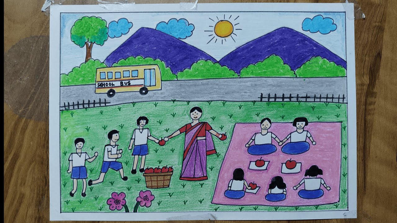 How to draw a school picnic || school picnic drawing for kids