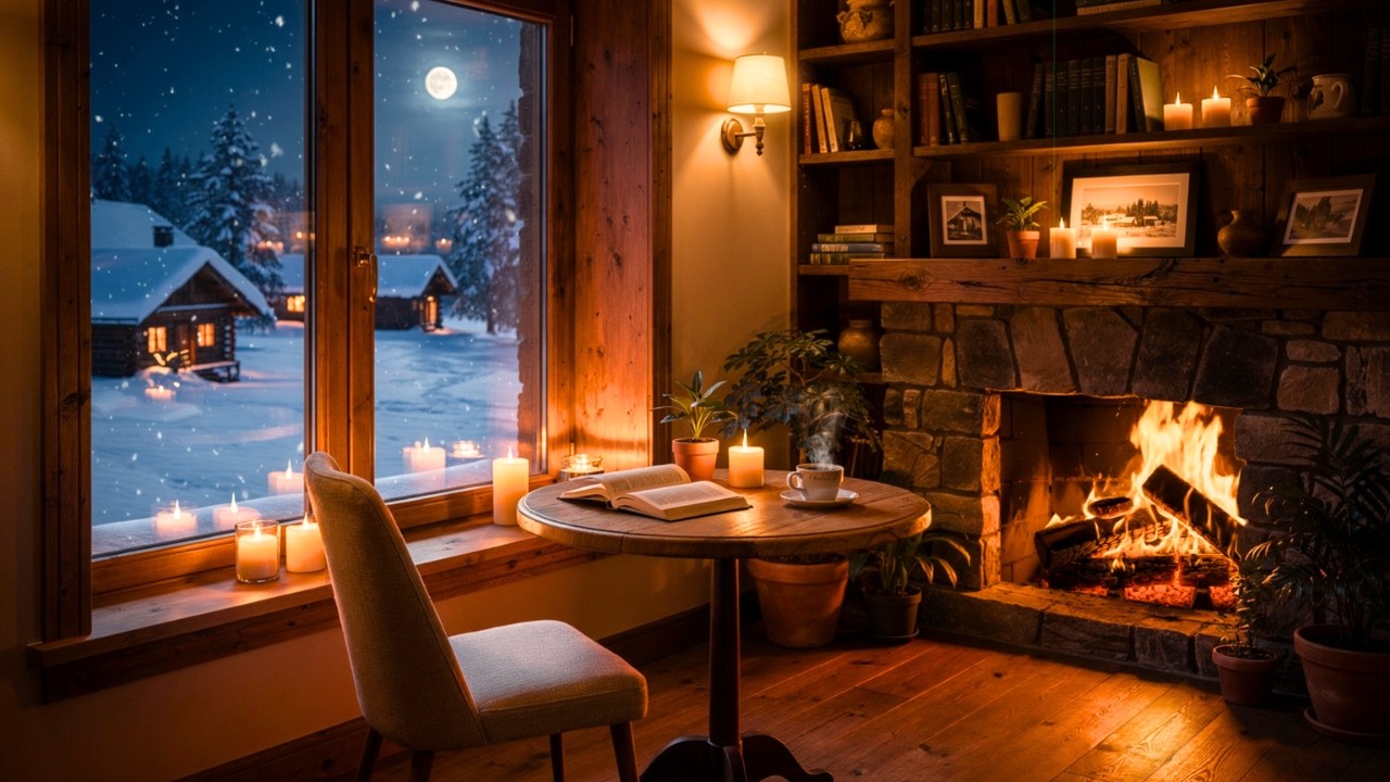 Cabin Nights in Jazz ☕ Snowy Window View, Warm Fire & Relaxing Piano Ambience