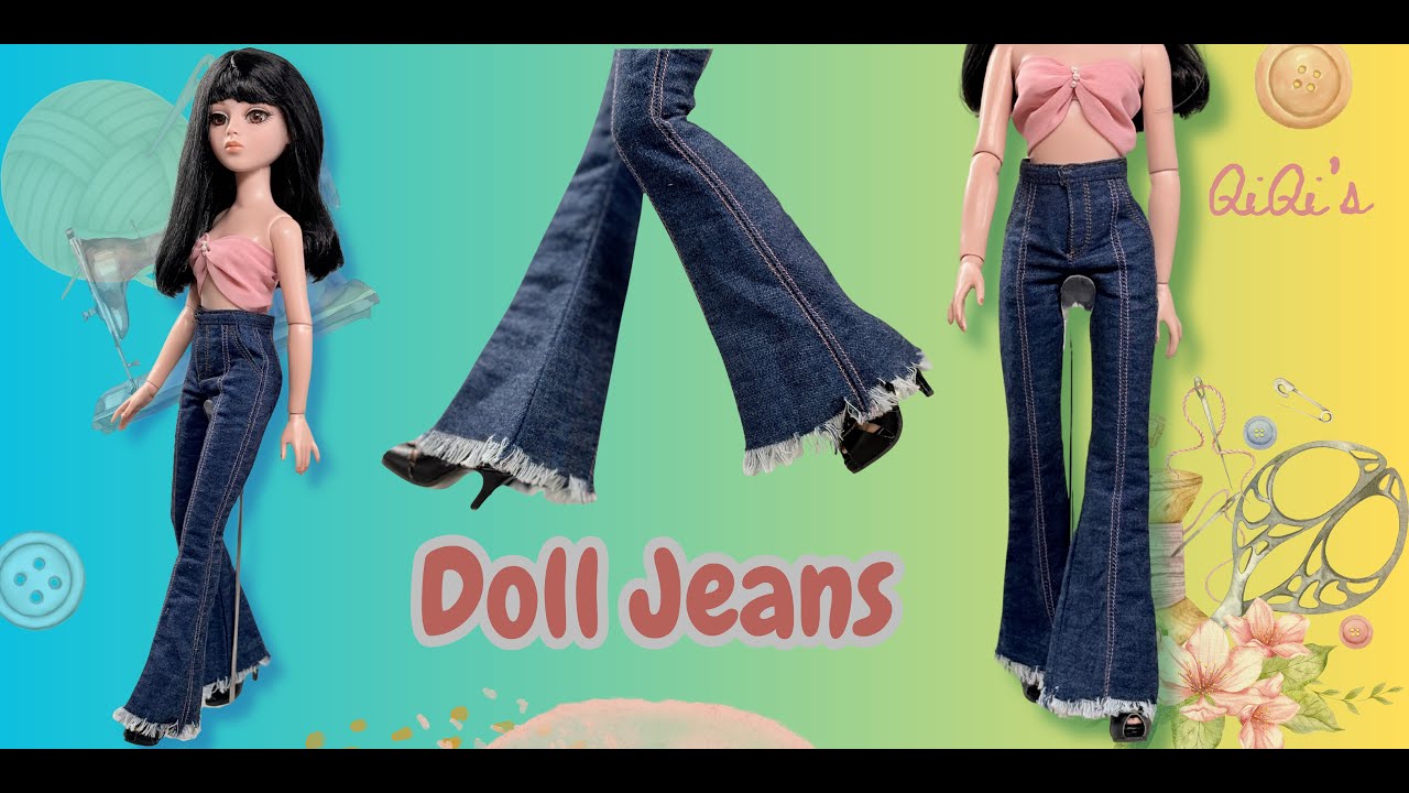 DIY Doll Denim Jeans & Pink Miniature Top | How to Sew Barbie Clothes | BJD Clothes Tutorial