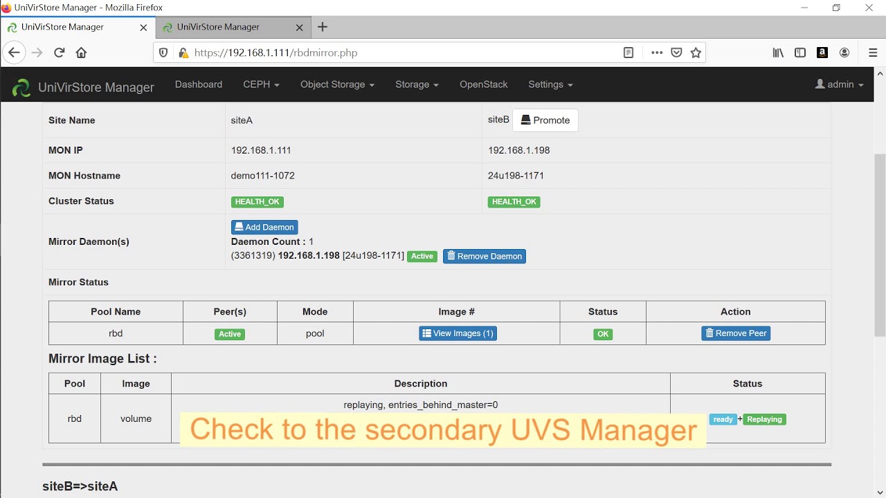 Use UVS manager to setup RBD Mirror between two Ceph clusters, create peer & promote/demote images.