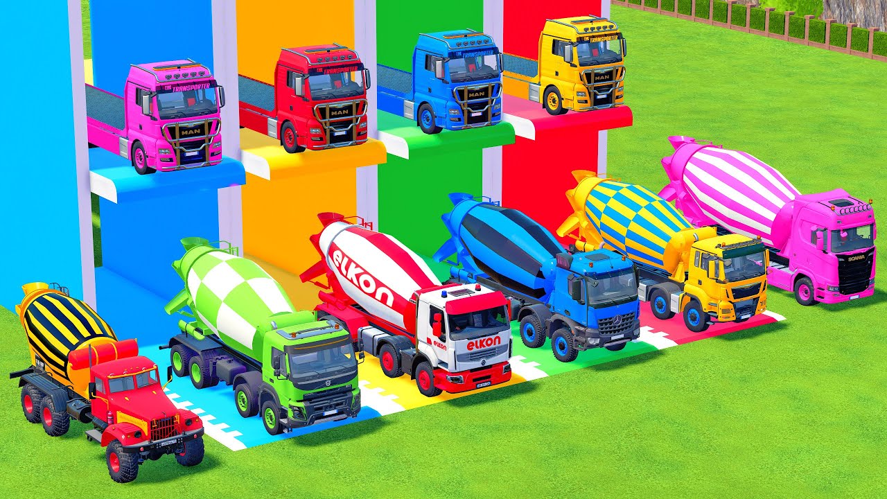 TRANSPORTING ALL COLOR MIXER TRUCK WITH DOUBLE FLATBED TRUCK, MAN, MERCEDES, ELKON, KENWORTH - FS22