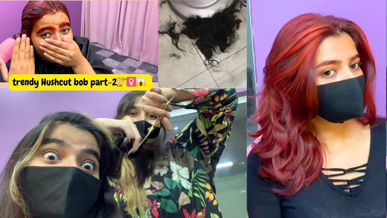 Cutting long hair to short Trendy Hush cut+ bob*RED Eyebrows😱😍💇‍♀️ ||vlogs with Rida n Hoori