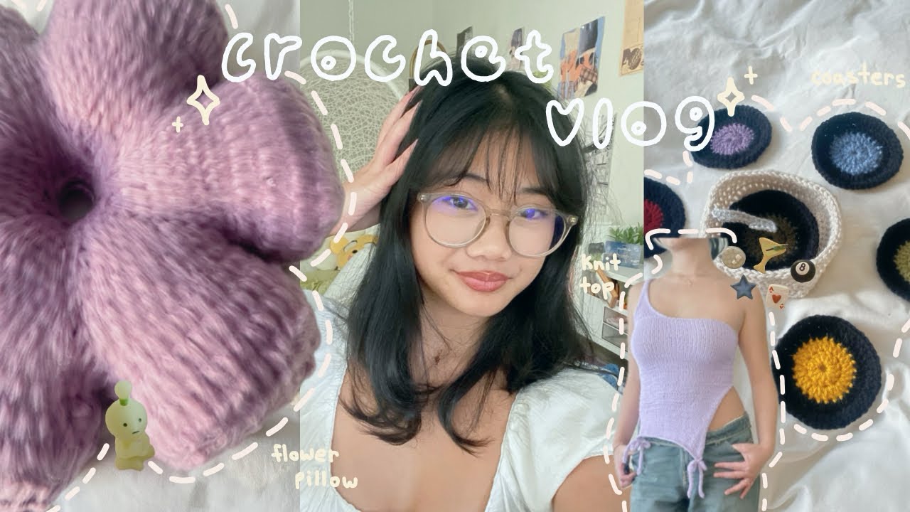 Productive Crochet Vlog!! 🎨🪡 crochet flower pillow, knit asymmetrical top, vinyl coasters