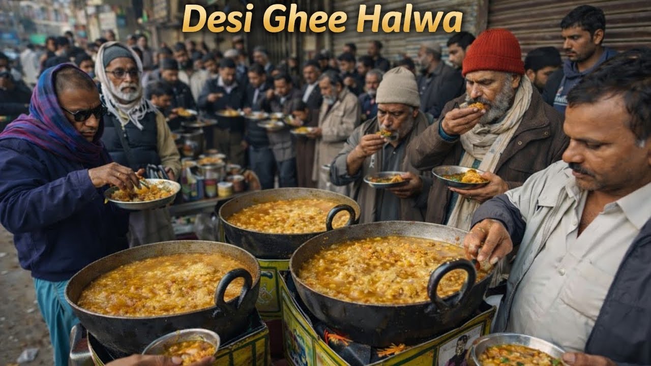 62 Year Old Making Unlimited Desi Ghee Halwa Desi Style breakfast Pure Food Street Pakistan Lahore 