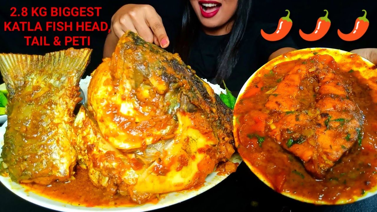 ASMR:OMG 😵EATING 2.8 KG BIGGEST KATLA FISH HEAD,TAIL CURRY,SPICY PETI TOMATO GRAVY,RICE|#hungrygirl