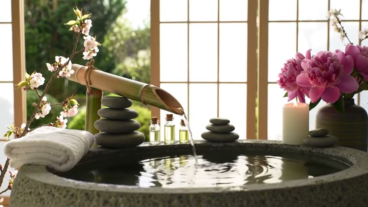 Soothing Zen Light Reflection Bamboo Fountain and Candlelight with Sun Glow for Deep Sleep & Inner P
