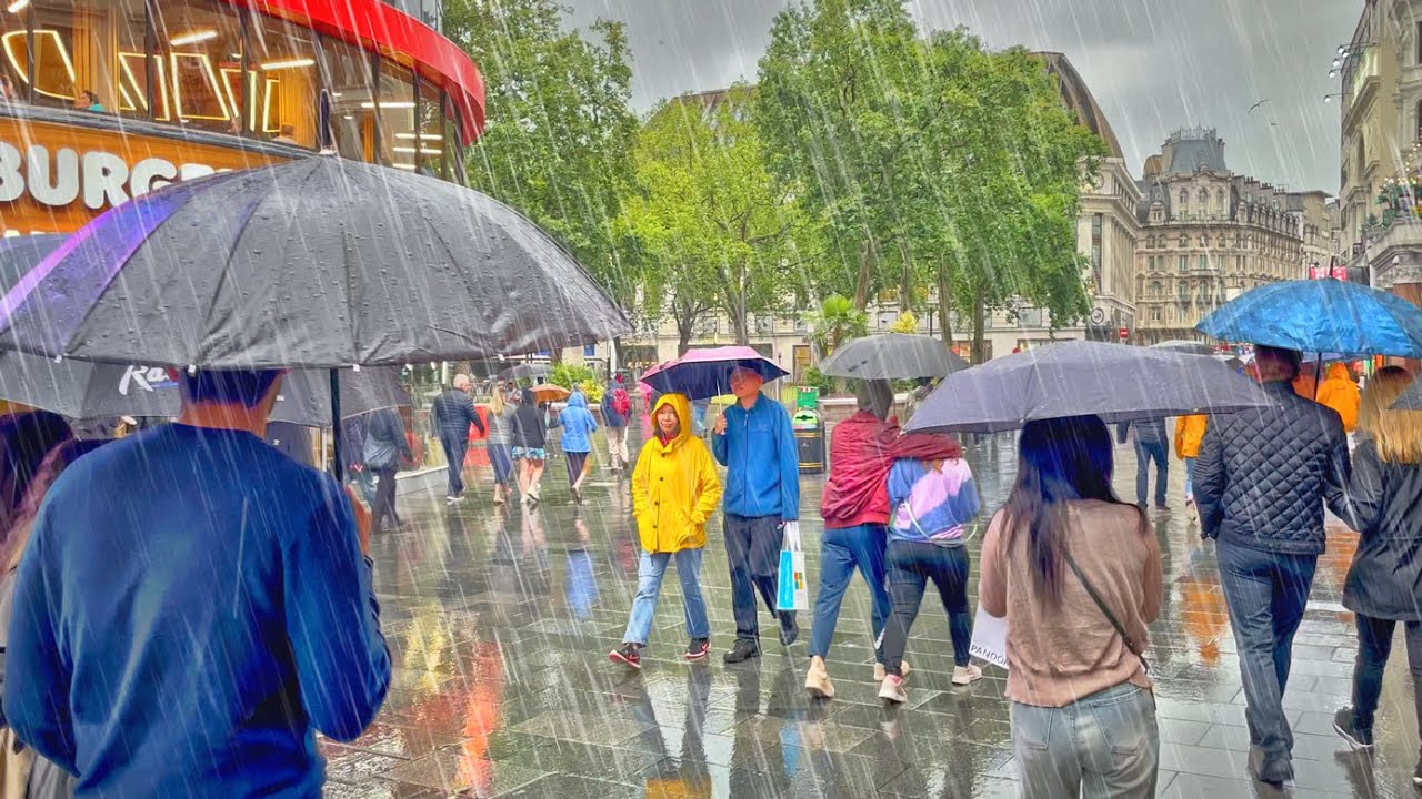 1+ Hour London Heavy Rain Walk | Grey, Wet West End Summer City Streets | 4K HDR
