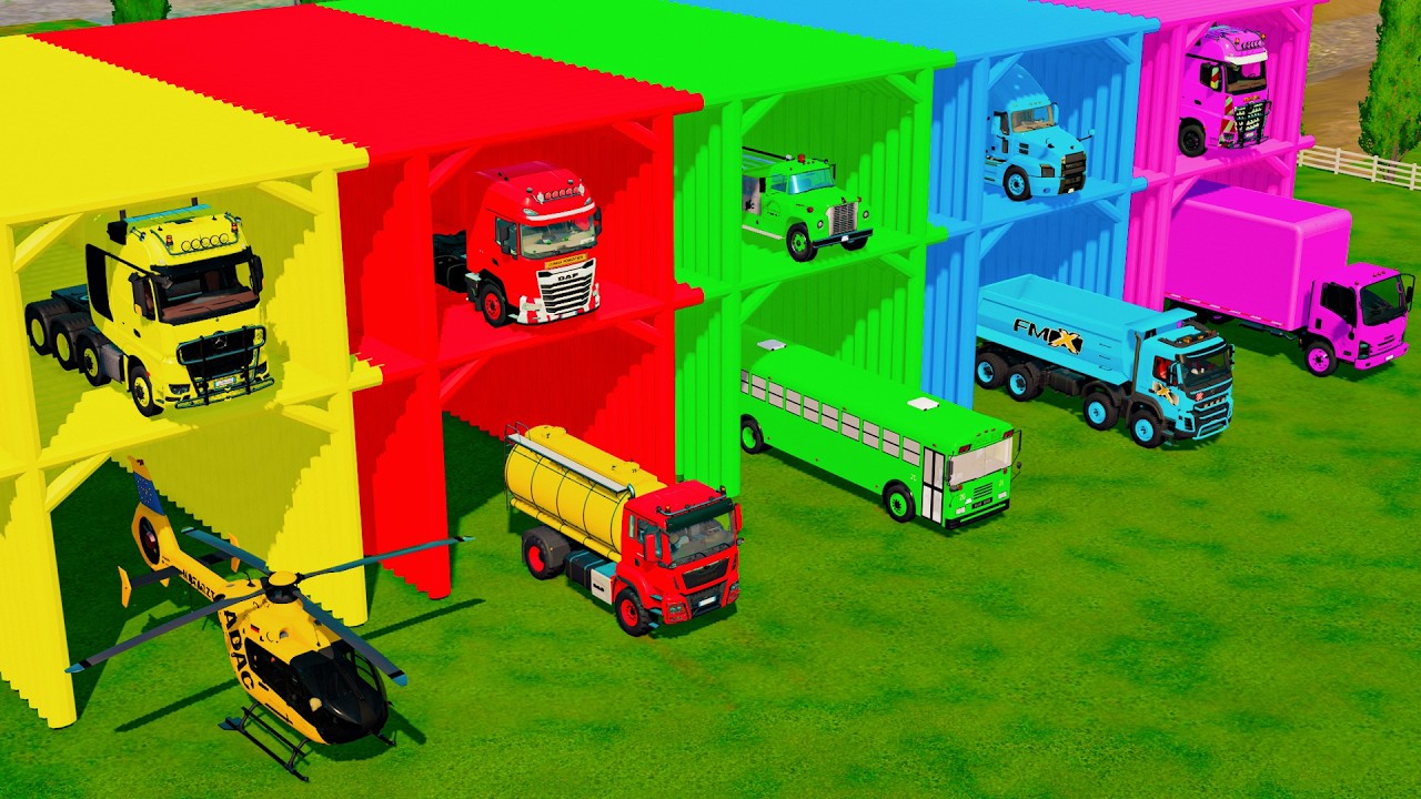 TRANSPORTING POLICE CARS, MIXER, HELICOPTER and FIRE ENGINE with BIG TRUCKS! Farming Simulator 22