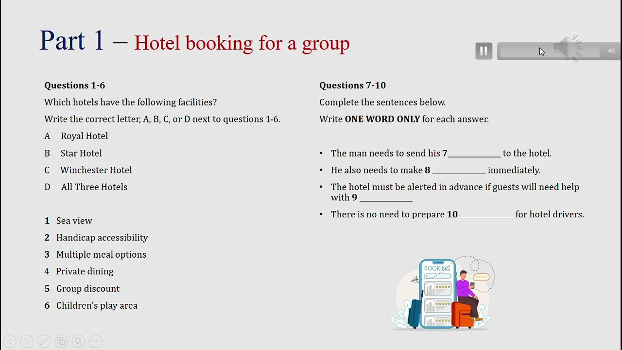 IELTS listening actual test Part 1: Hotel booking for a group (answer+ transcript)