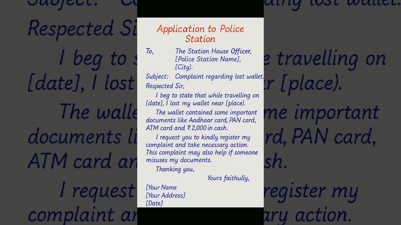 Application to Police for Lost Wallet Complaint