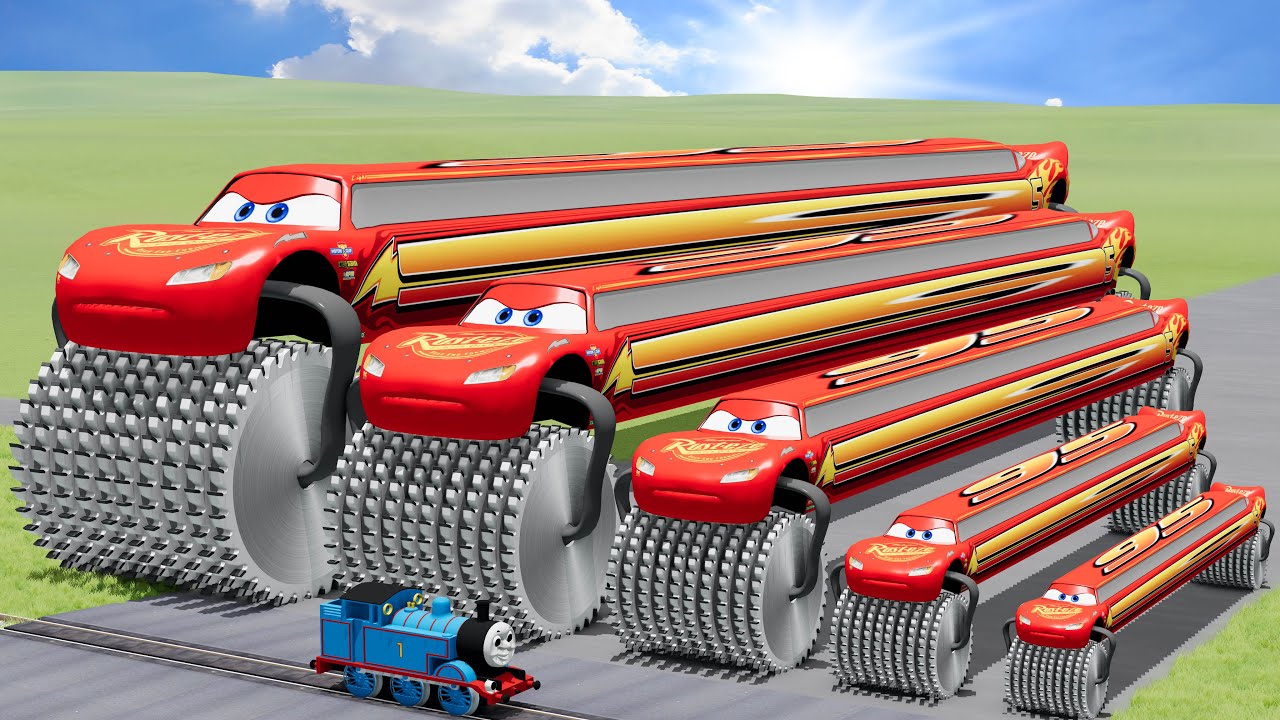 Big & Small Long Lightning Mcqueen Double Monster Saw Wheels vs Trains | BeamNG.drive