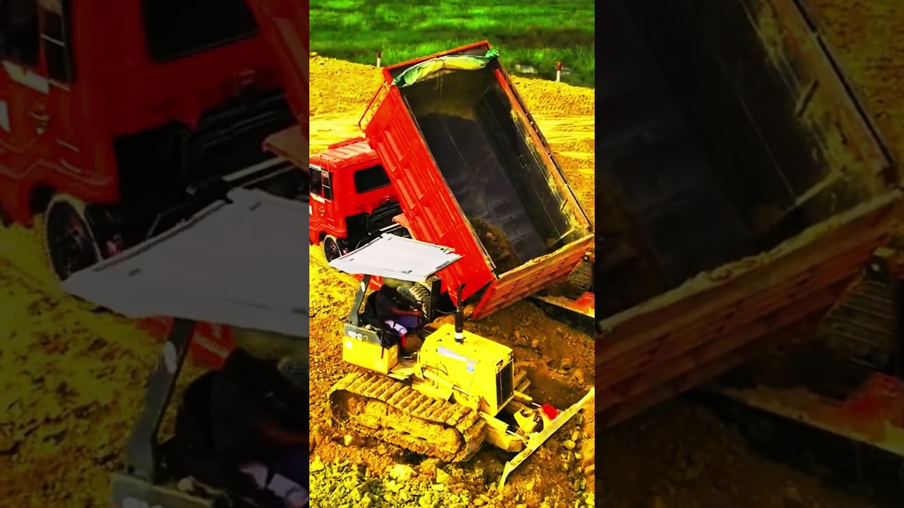 Heavy Machinery in Action  Bulldozer Pushing Soil to Dump Trucks EP044