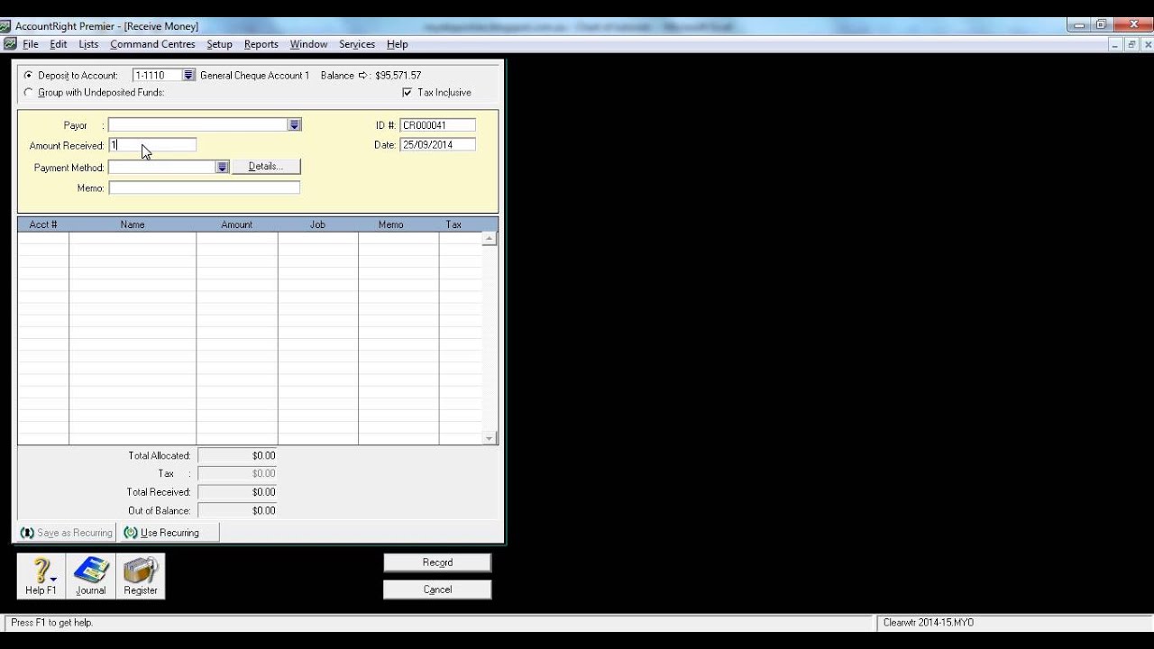 MYOB Receive Money