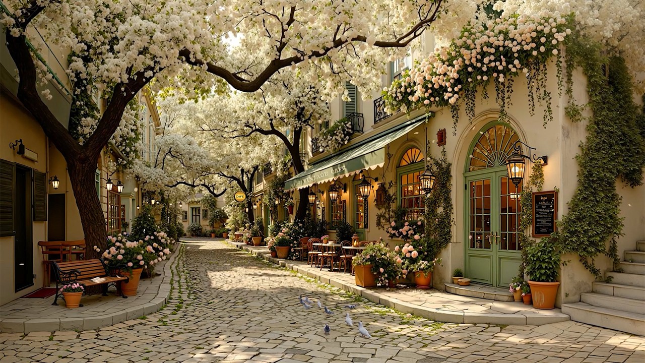 Tranquil Spring Morning at a Cozy Outdoor Coffee Shop ☕ Soft Jazz for Peaceful Mind & Happy Moments🌸