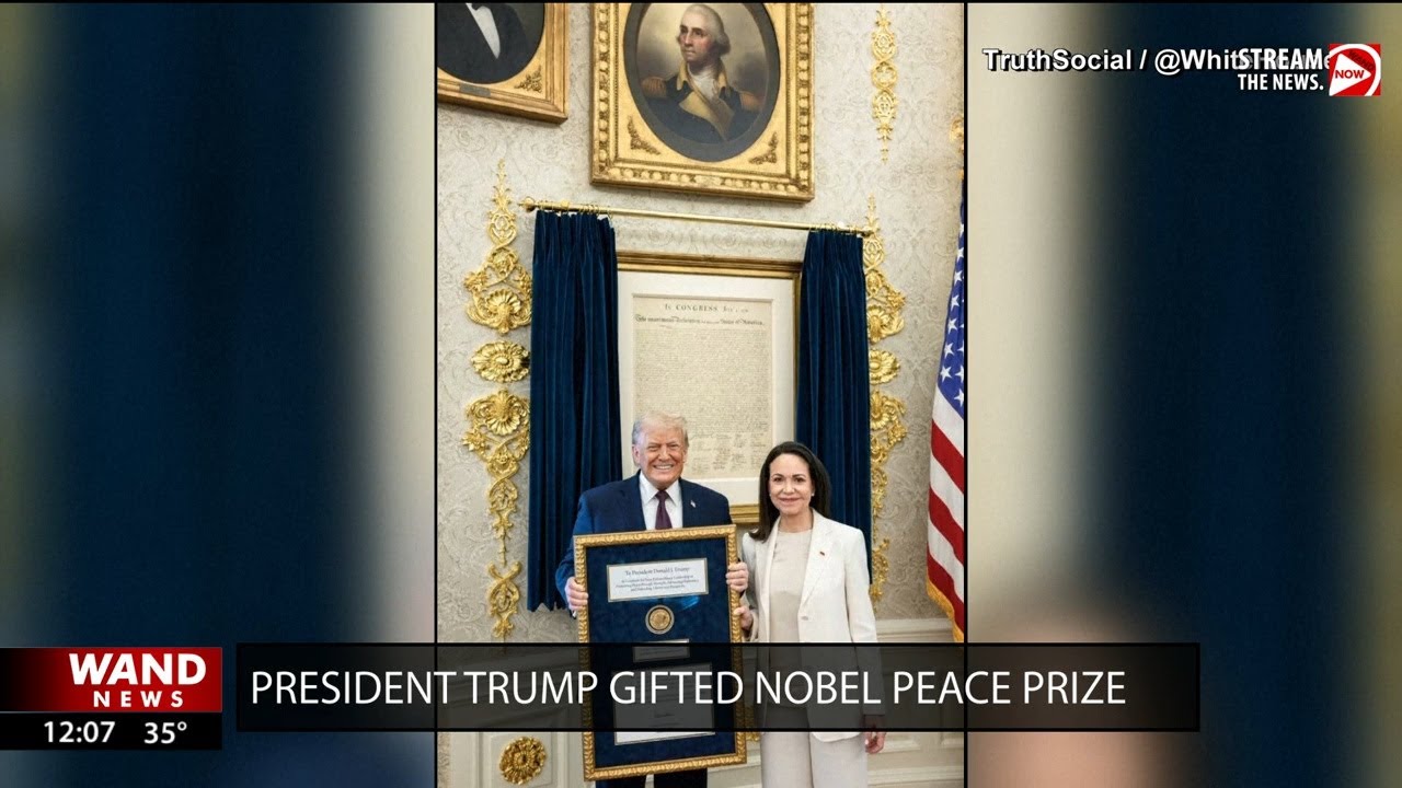 Venezuela’s Machado presents Trump with her Nobel Peace Prize during meeting