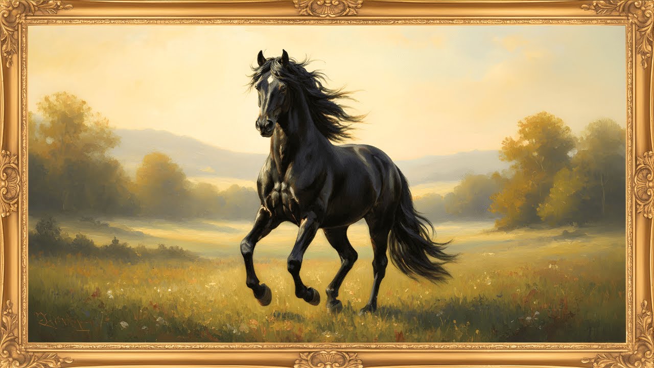 4K Frame TV Art: Vintage Horse Painting | Majestic Stallion Gold Frame Screensaver | 2 Hour Loop