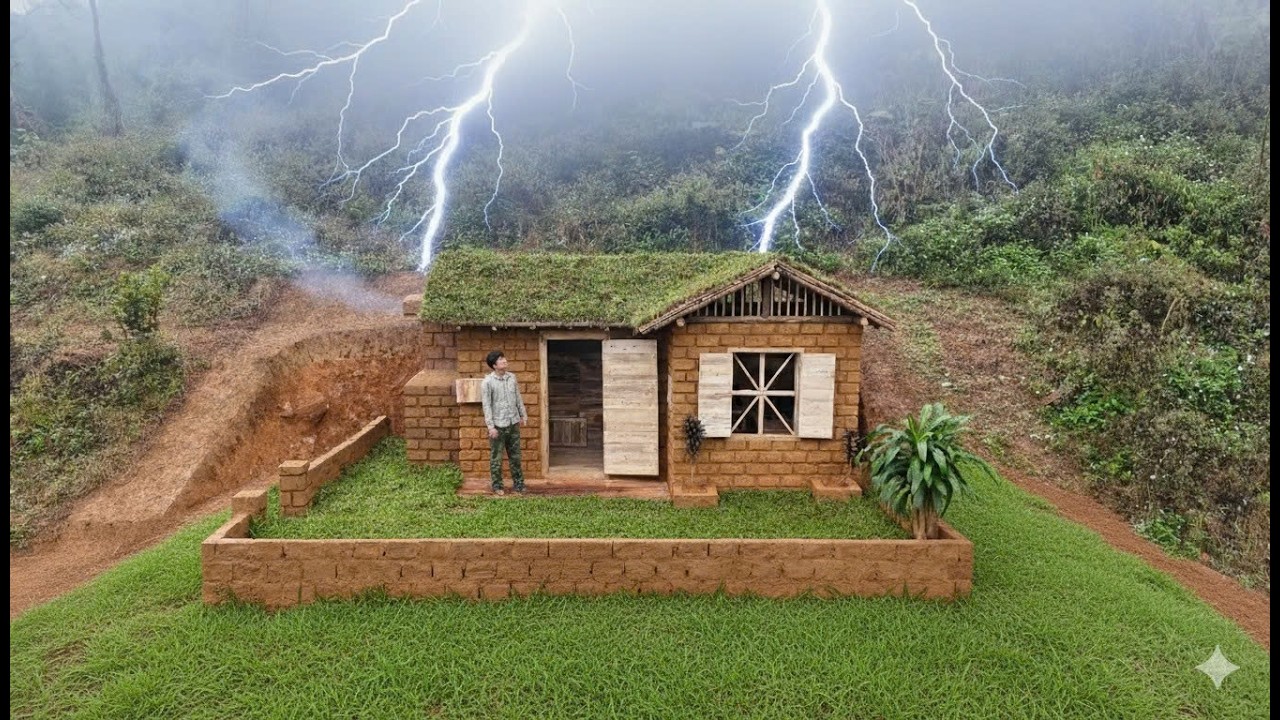The house in the forest has a modern style, made from materials readily available in the woods.