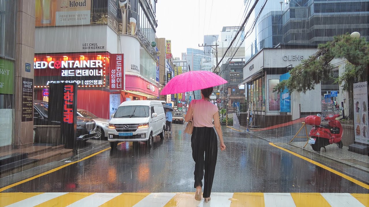 Прогулка под проливным дождем, Сеул Каннам - Binaural Rain Ambience Mental Repose 4K ASMR