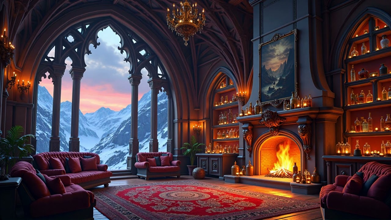 Immersive Fantasy Living Room - Relaxing Fireplace Crackling Ambient Video