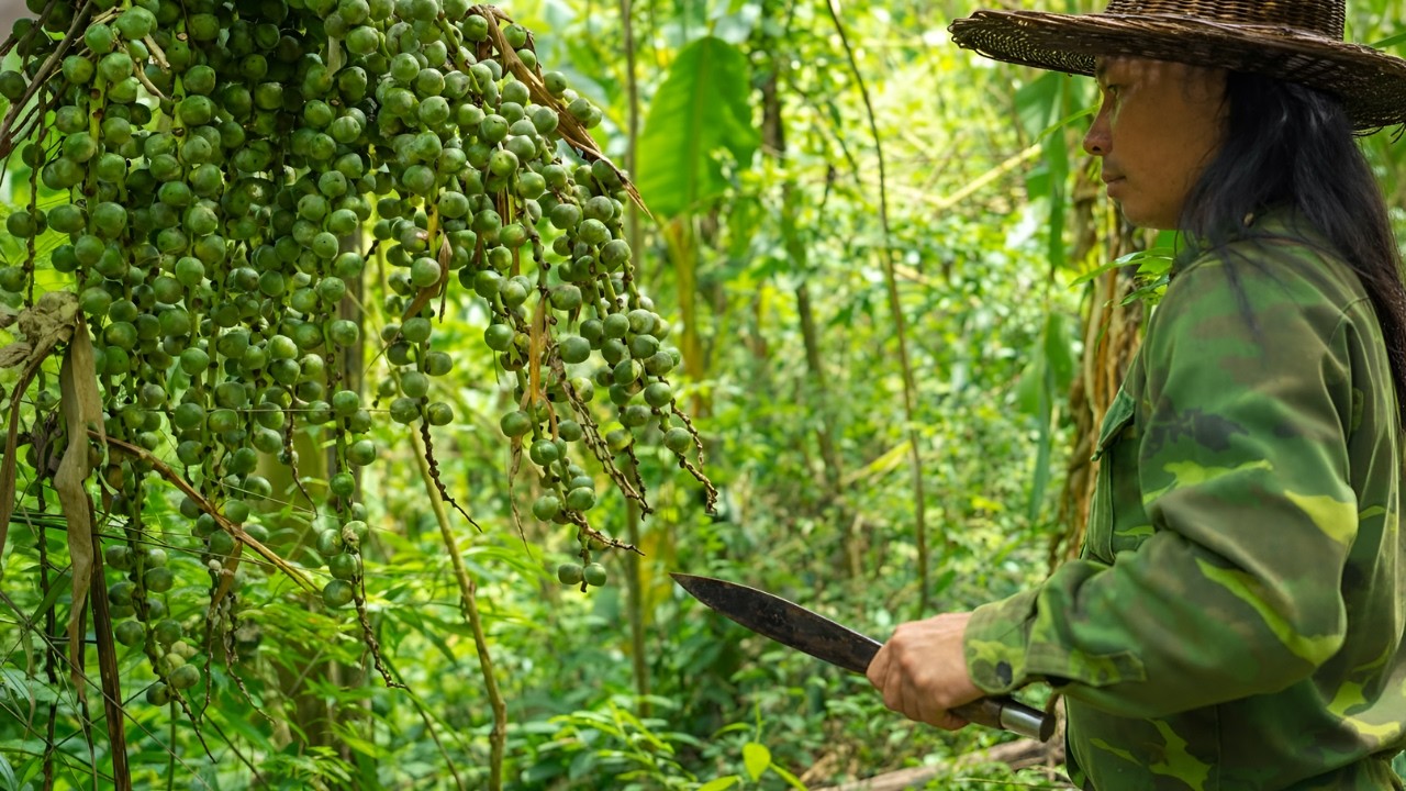 Harvesting wild fruits, catching fish with nets, grilling fish - Surviving alone on the river