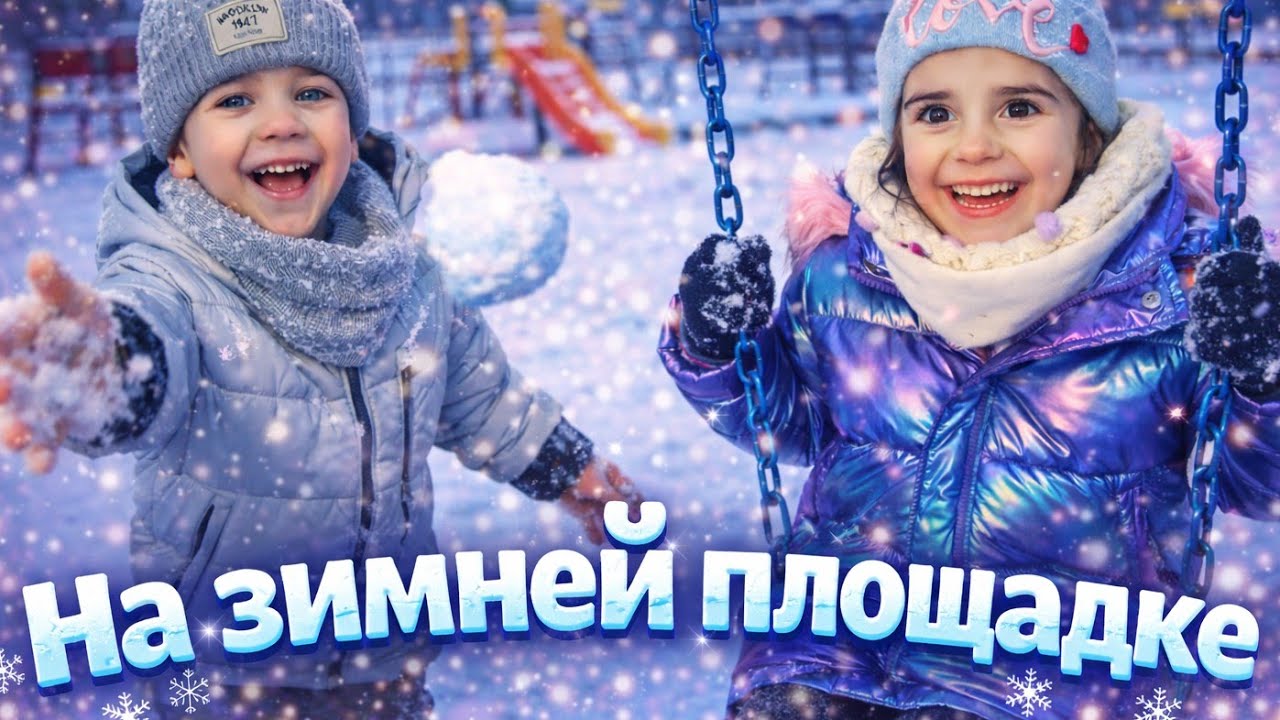 Дети играют на детской площадке ❄️ Зимние игры, снег и весёлый день. Детские игры брат и сестра.