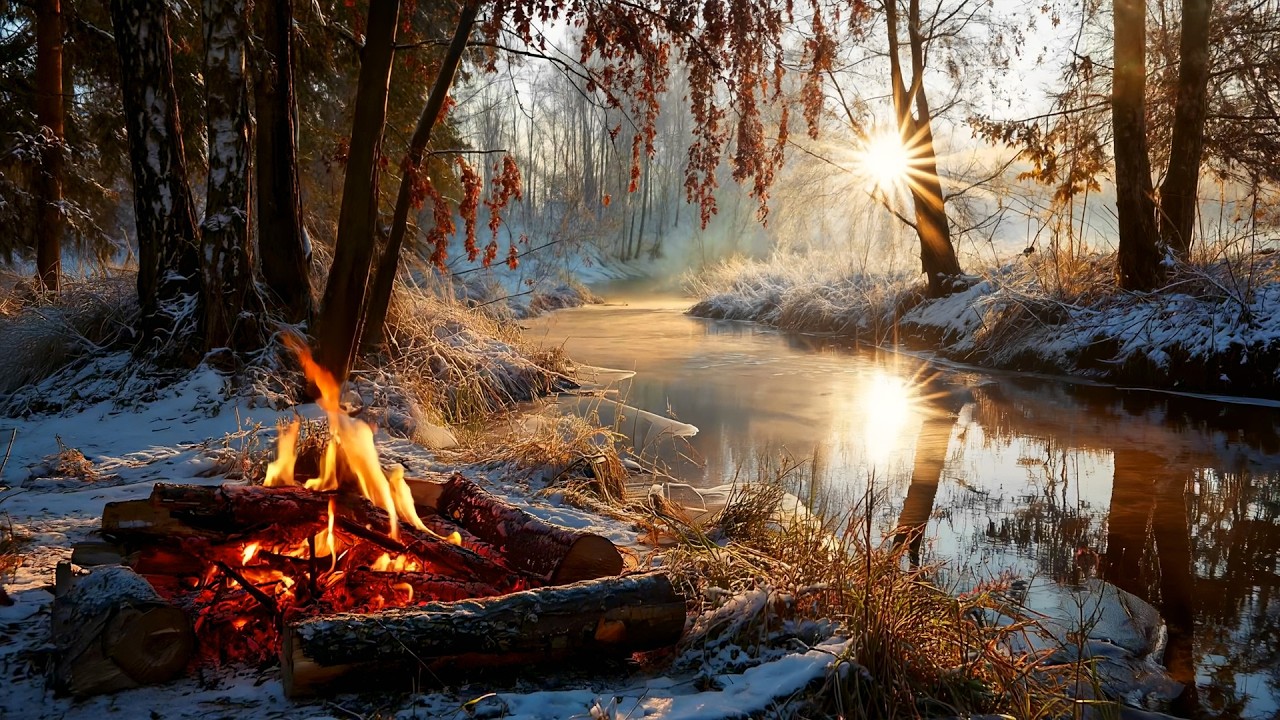 Relaxing Winter to Spring Transition 🌅 Fire by a Quiet Stream